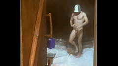 Sex VLOG from VILLAGE / Horny in the bathhouse and jerking off a big dick / Pissing in an outdoor toilet in winter Thumb