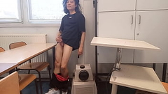 Cum at school, this horny student twink wanks his smooth cock and squirts jizz riskyly at school in a classroom on classmate desk, Jon Arteen jerks off at university, making a hot solo gay porn video Thumb