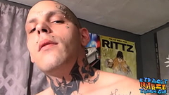 Straight tattooed thug Drac cums while tugging big cock Thumb