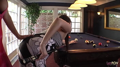 Teaching the cue stick holding technique ends up with the lesbian milf using her dildo on the brunette Thumb