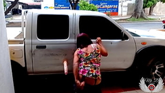 Outdoor public exhibitionism. Sissy boy mature bitch. Deep penetration behind the car, ass dilated on the busy street. Thumb