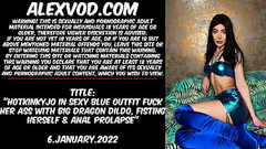 Hotkinkyjo in sexy blue outfit fuck her ass with big dragon dildo, fisting herself &amp_ anal prolapse Thumb