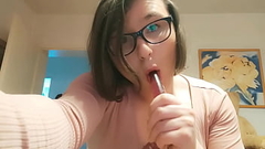 Teen Amateur Tranny Anallisa alone at home - she sucks dildo, lick her cum and fucks her pussy with while looking cute and loud all over the house - shes wearing penis cage and uses some of her other toys Thumb