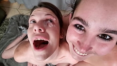 TEEN tongue cleansing my eye after cum got dumped in my eye | 2 girls cock jerk off | POV Thumb